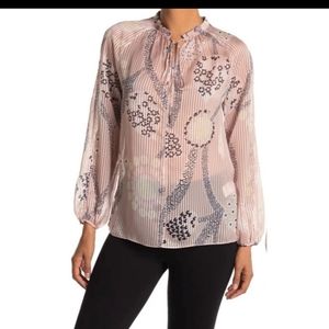 Reiss Women's Hailey Paisley Print Popover Long Sleeve Blouse Nude Size USA 10